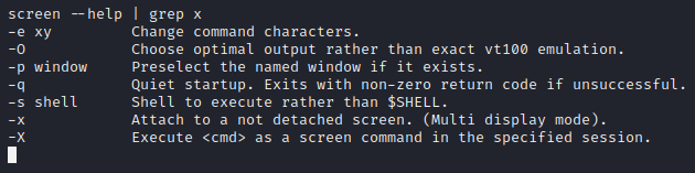 Viewing the help menu for screen to identify the -x argument.