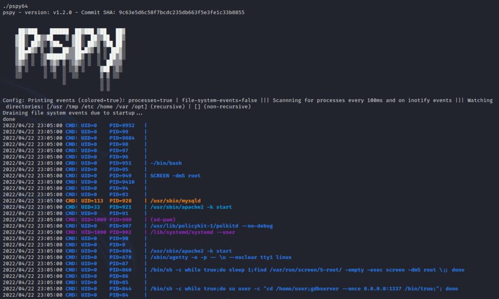 Using Pspy to identify an interesting screen process running.