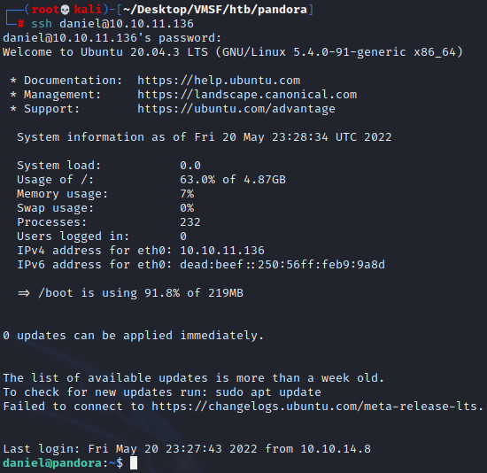 Successful SSH login with found credentials.