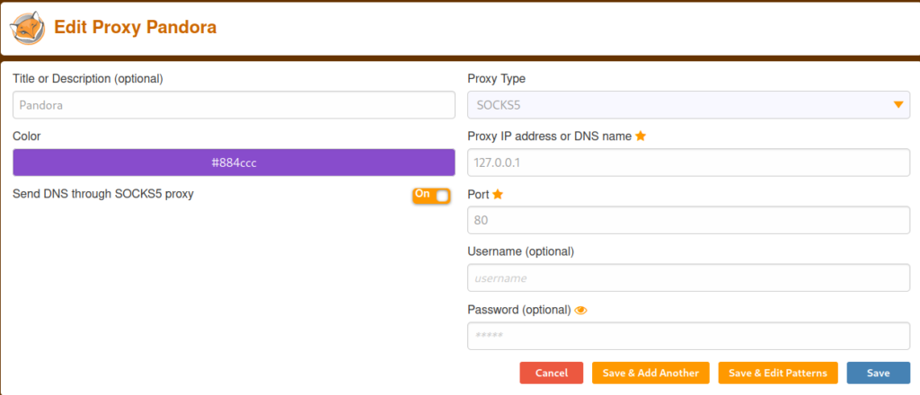 Using FoxyProxy to set up the SOCKS5 proxy to the localhost tunnel on port 80/tcp.