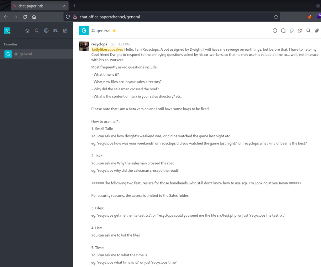 Instructions for using the Recyclops bot in Rocket Chat in the general chat.