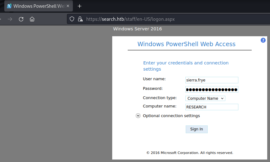 Logging into PowerShell Web Access.