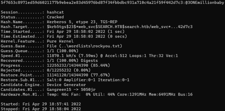 Hashcat cracking hash successfully.
