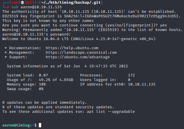 Successful SSH login as aaron.