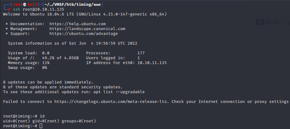 Successful SSH login as root.