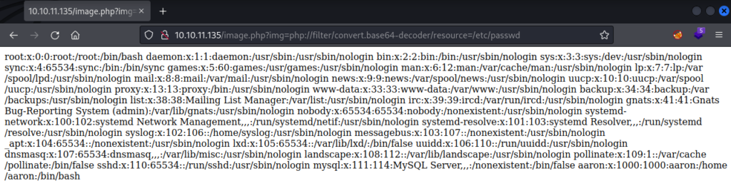 Successful LFI of /etc/passwd.