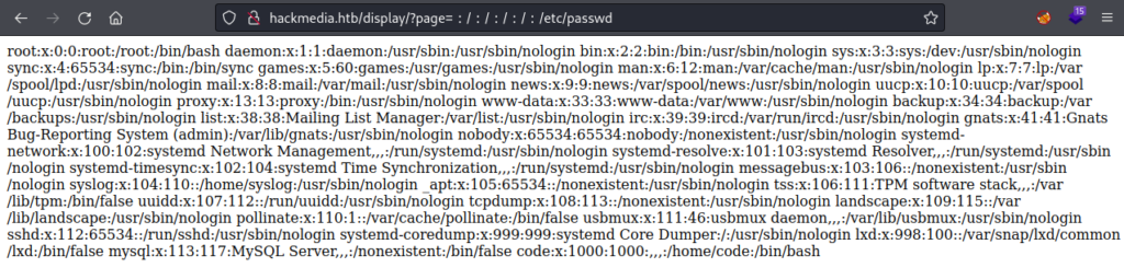 Successful local file inclusion (LFI) viewing the passwd file.