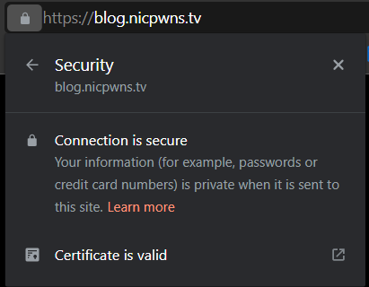 Checking for valid HTTPS and certificate on domain for created blog.