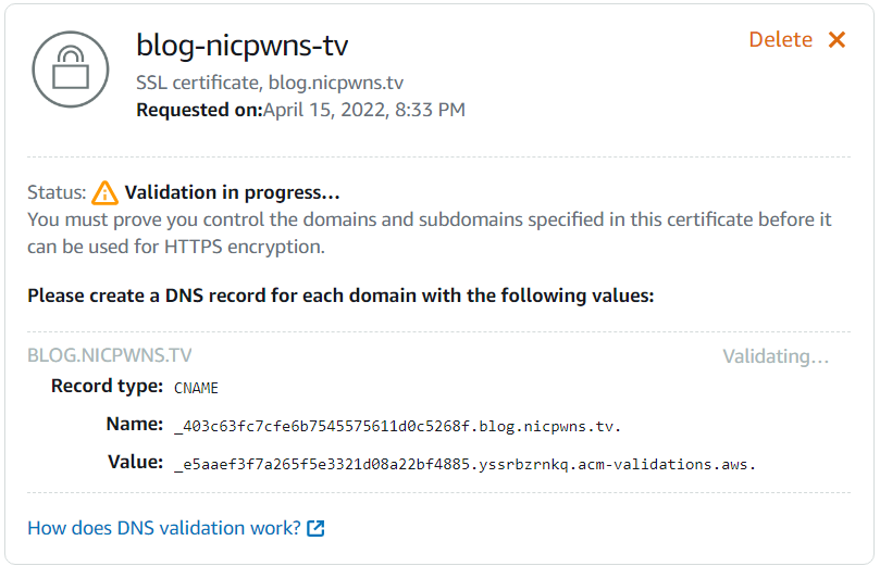 Validating custom domain ownership in Lightsail in progress.