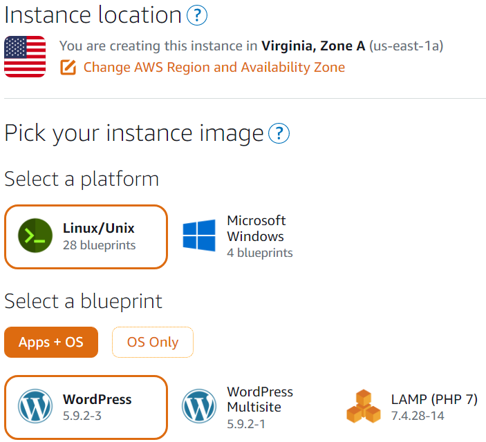Selection of us-east-1a, Linux/Unix, and WordPress in Lightsail.
