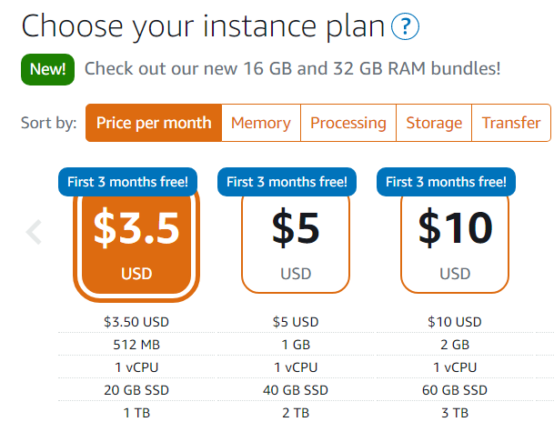 Selection of the lowest instance plan in Lightsail for low cost.