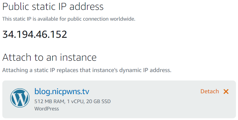 A static IP address attached to the Lightsail instance for creating the blog.