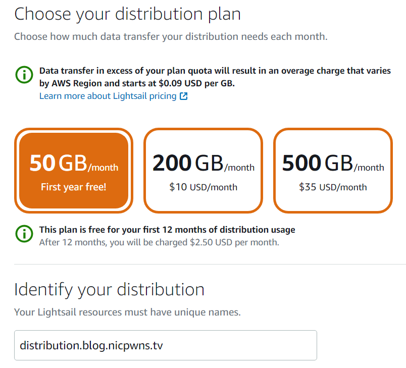 Choosing the lowest distribution plan and naming the CloudFront distribution for creating a blog.