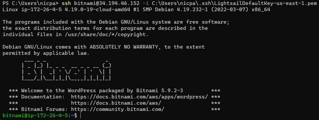 Logging into the Lightsail instance using SSH for creating blog.