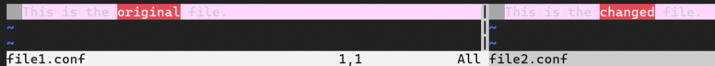 Vim in diff mode comparing file1.conf with file2.conf.